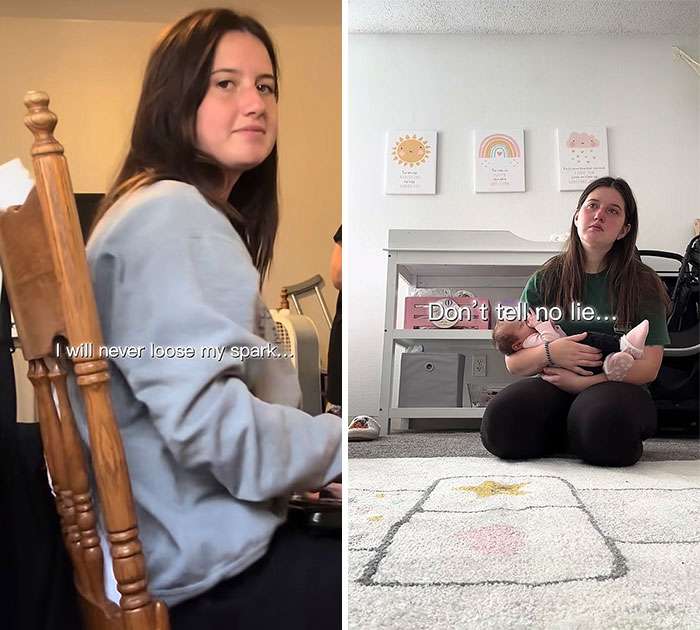 Side-by-side images of a woman before and after giving birth, reflecting on keeping her spark postpartum.