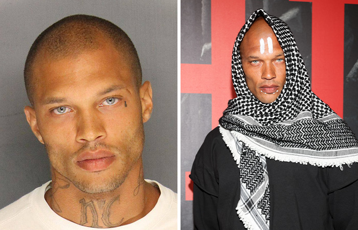 Side-by-side images showing one of the hottest mugshots of all time and his current look with a patterned scarf and face paint.