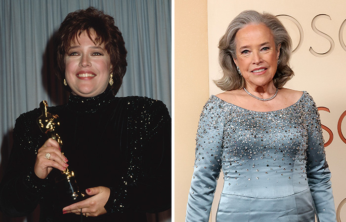 Actress at the Oscars holding a statue in her early years and posing on the red carpet decades later.