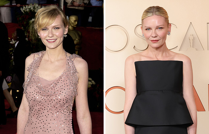 Actress at the Oscars then and now, showcasing style evolution from first to recent Academy Awards appearance.
