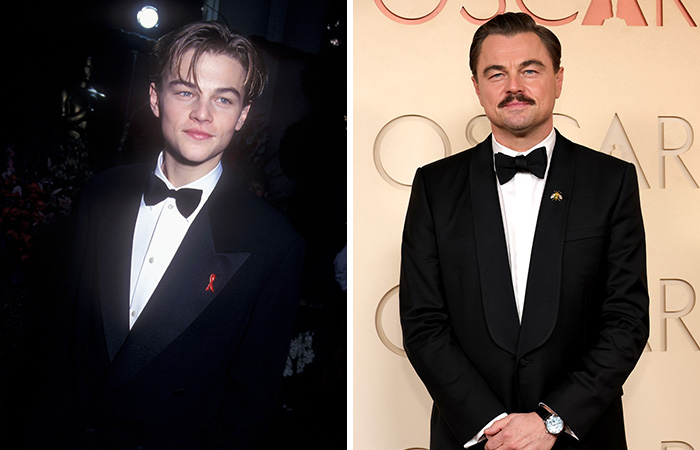 Leonardo DiCaprio at the Oscars then and now, showcasing his style evolution at the Academy Awards.