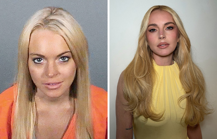 Side-by-side photos showing one of the hottest mugshots and what the person looks like now with long blonde hair.