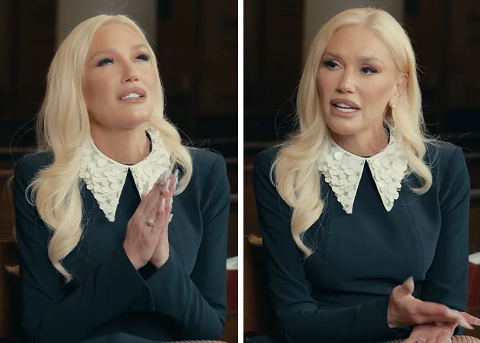 Gwen Stefani in a black dress with a white collar, discussing her Christian pivot and anti-abortion app promotion.