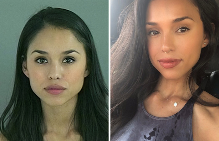 Side-by-side comparison of one of the hottest mugshots and her current appearance showing transformation over time.