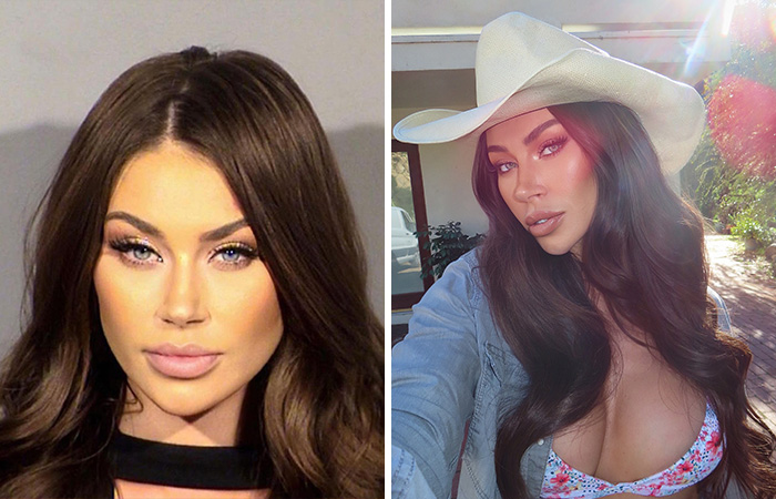 Side-by-side images of a woman showing a glamorous transformation for hottest mugshots SEO keyword.