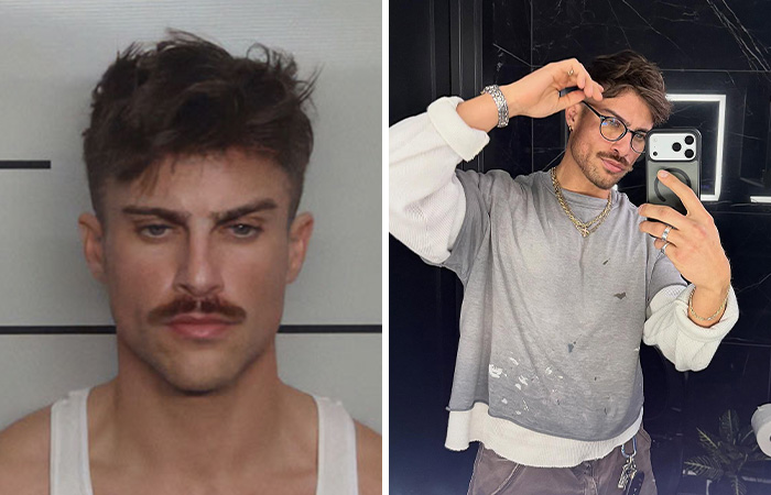 Side-by-side comparison of one of the hottest mugshots and a current stylish selfie showing his transformation.
