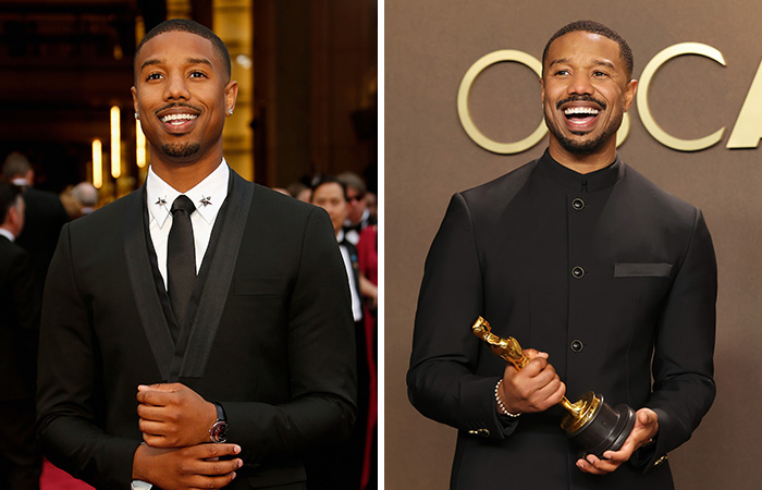 Actor Michael B. Jordan at the Oscars, shown then and now holding an Academy Award statue.