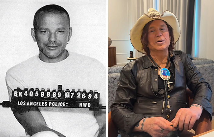 Split image showing one of the hottest mugshots of all time on the left, and the same person’s current look on the right.