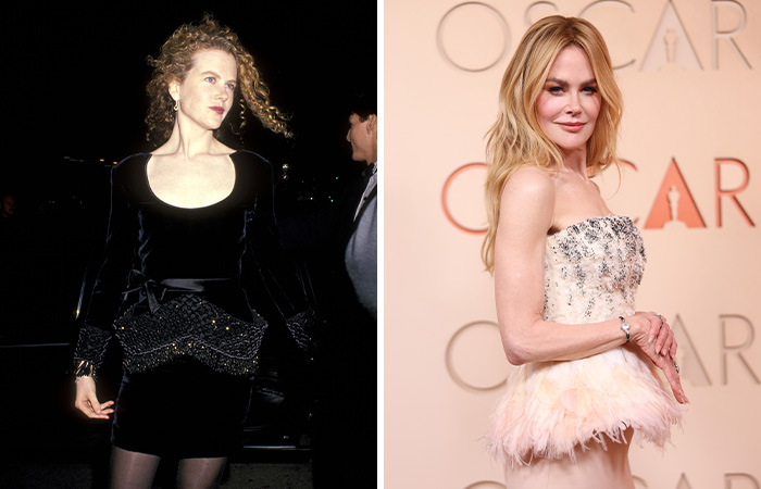 Australian actress at the Oscars then and now, showcasing her style evolution from early to recent Academy Awards appearances.