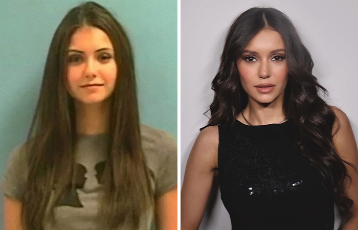 Side-by-side images showing a woman in her mugshot and her current look featuring long hair and makeup for hottest mugshots keyword.