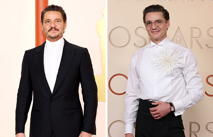Actor at Oscars then and now, wearing formal suits, posing against an Oscars backdrop in a side-by-side comparison.