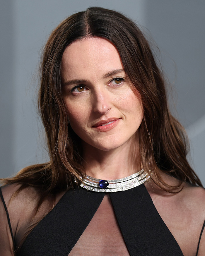 Close-up of a female celebrity showcasing natural skin texture under unforgiving Oscars after-party lighting.