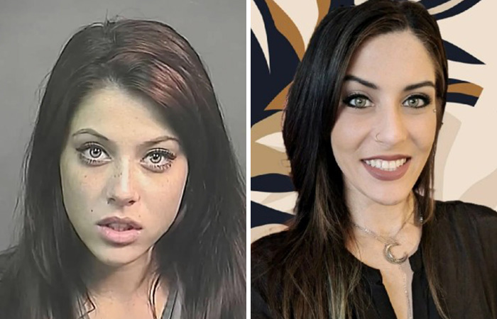 Side-by-side comparison of a woman in her mugshot and her current look, showcasing the hottest mugshots transformation.