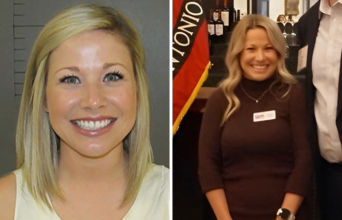 Side-by-side comparison of a woman’s mugshot and her current appearance, showcasing hottest mugshots transformation.