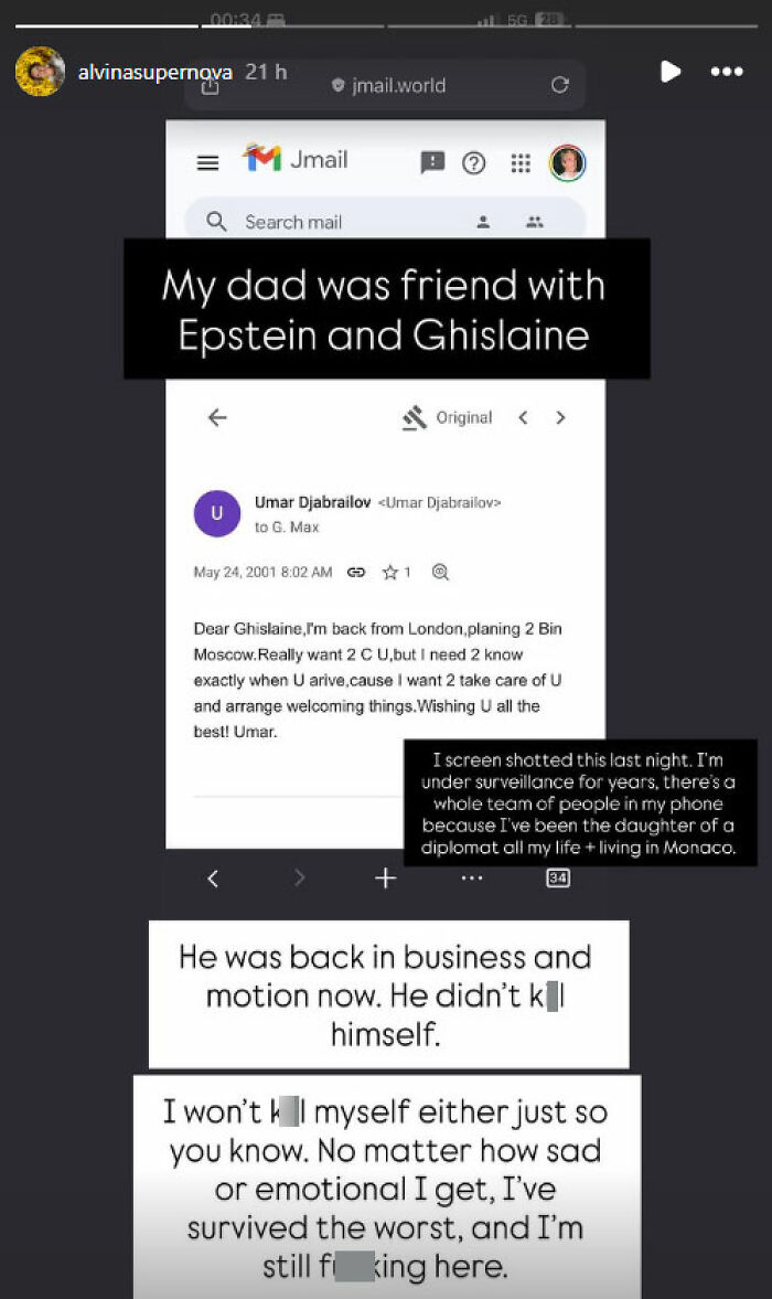 Screenshot of an email linking a politician to Ghislaine Maxwell and Epstein amid claims of surveillance and denial of s*****e.