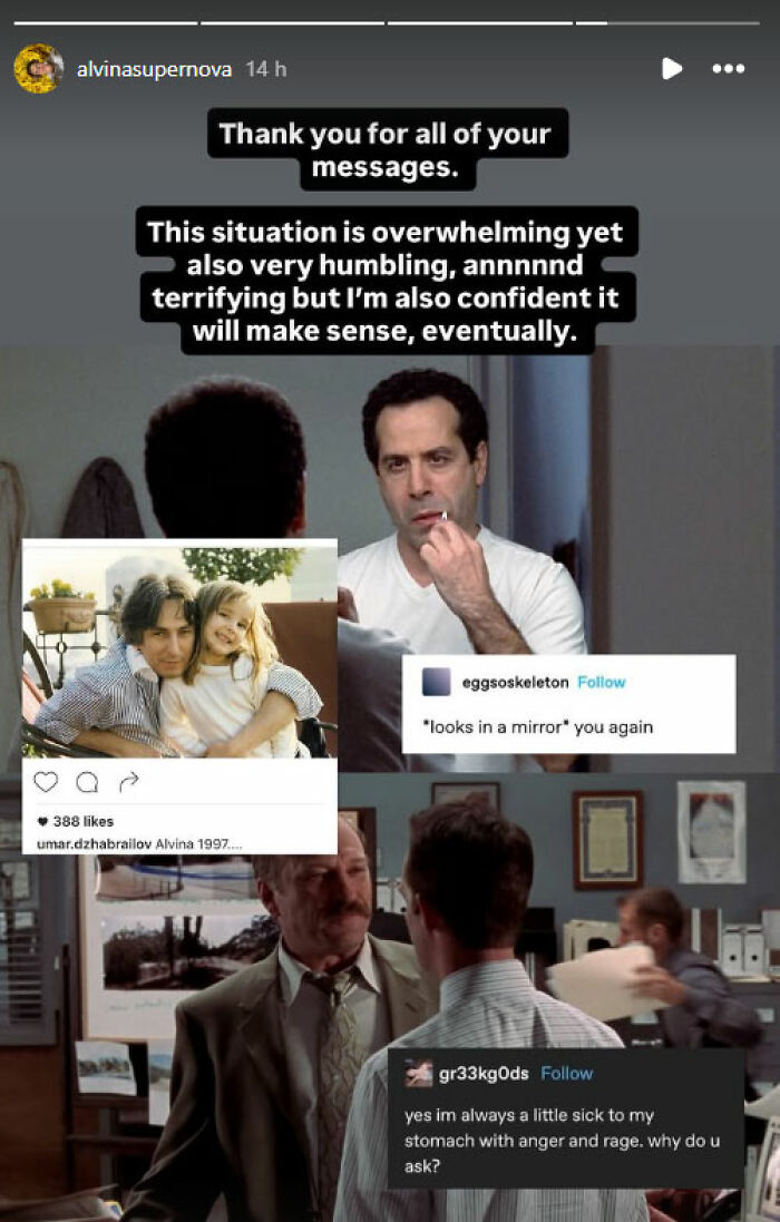 Scene from movie with man looking in mirror, overlaid with social media posts about overwhelming situation involving politician and Epstein files.