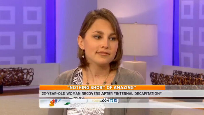 Woman sharing her story of recovery after internal decapitation, illustrating disturbing images of real-life nightmares.