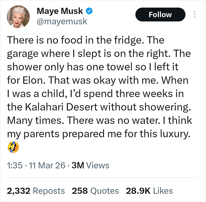 Tweet from Maye Musk describing unusual details inside Elon Musk's house, such as no food in the fridge and a single towel in the shower.