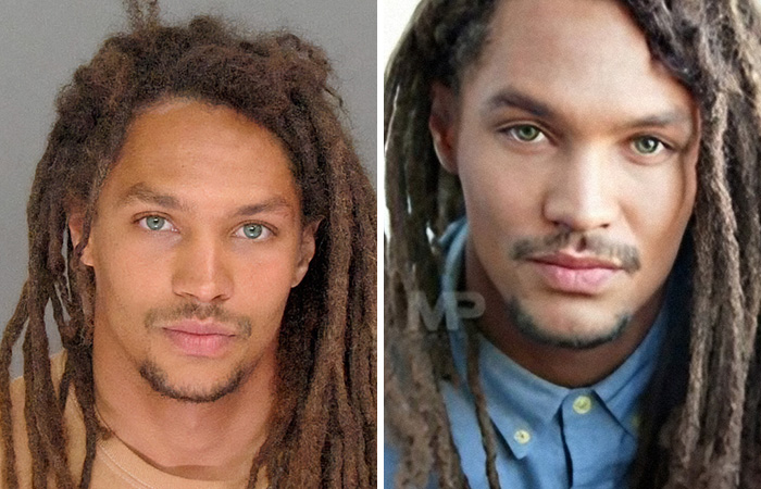 Side-by-side images showing a man with dreadlocks in a mugshot and a recent professional photo, showcasing hottest mugshots.