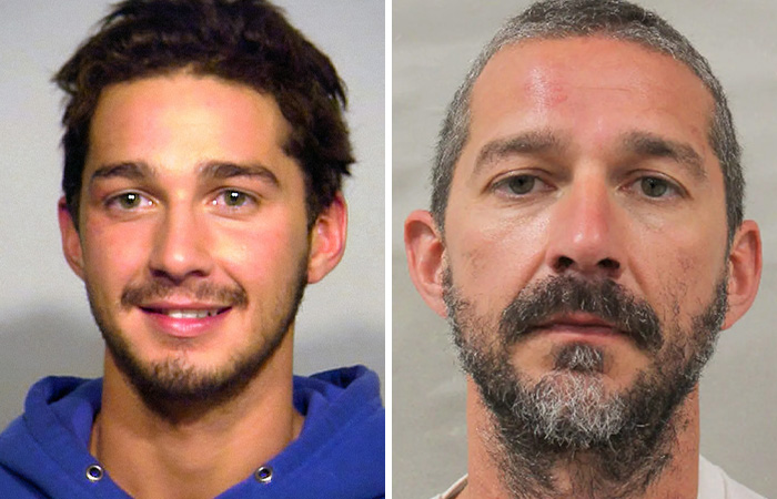 Side-by-side images showing one of the hottest mugshots of all time and how the person looks now with a beard.