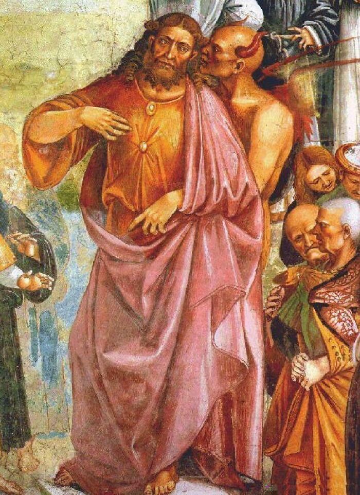 Fresco showing a man in a robe whispering devil figure, illustrating intriguing historical rabbit holes explored by people.