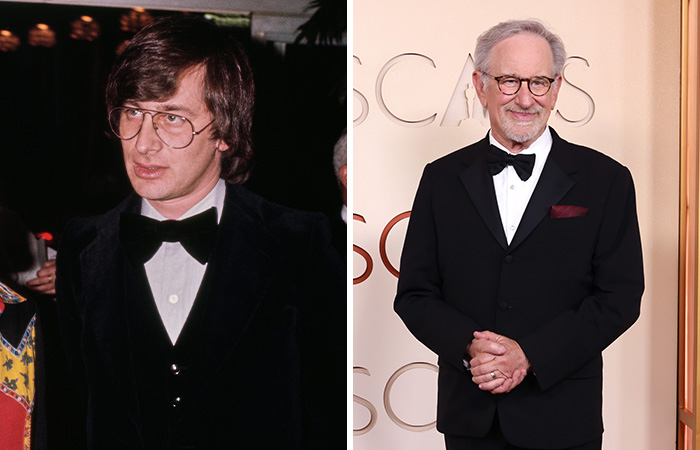 Side-by-side photos of a male Oscar star at his first and recent Academy Awards appearances, showing then and now contrast.