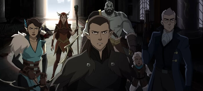 Animated characters from The Legend Of Vox Machina season 4 preparing for battle in a dark, mysterious setting.