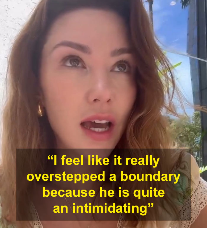 Woman speaking outdoors with quote about overstepping boundaries by intimidating bodyguard, related to Jude Law's ex and Chappell Roan.