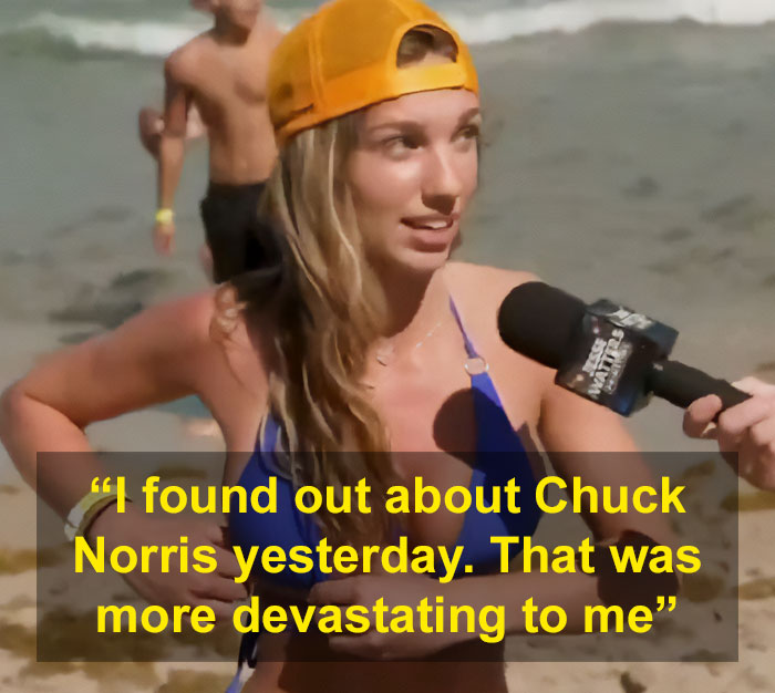 Young woman in a yellow cap answering questions about the news during spring break in a viral video showing vapid responses.