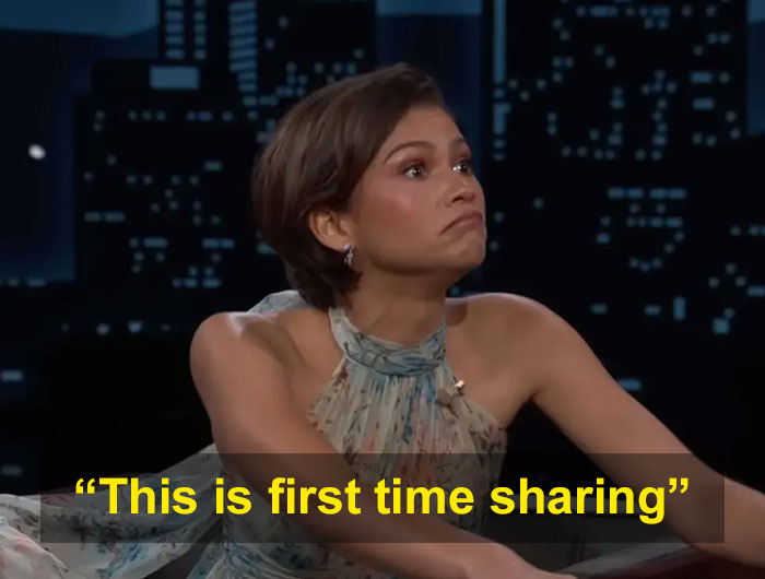 Zendaya on a talk show set, addressing Tom Holland marriage rumors and sharing real wedding footage.