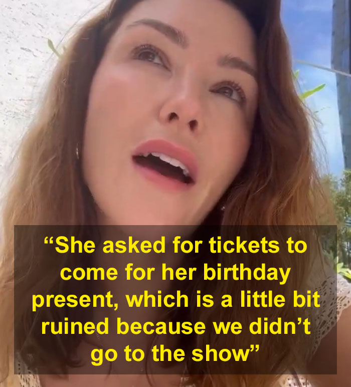 Woman speaking outdoors with text about tickets and birthday, related to Jude Law's ex calling out Chappell Roan controversy.