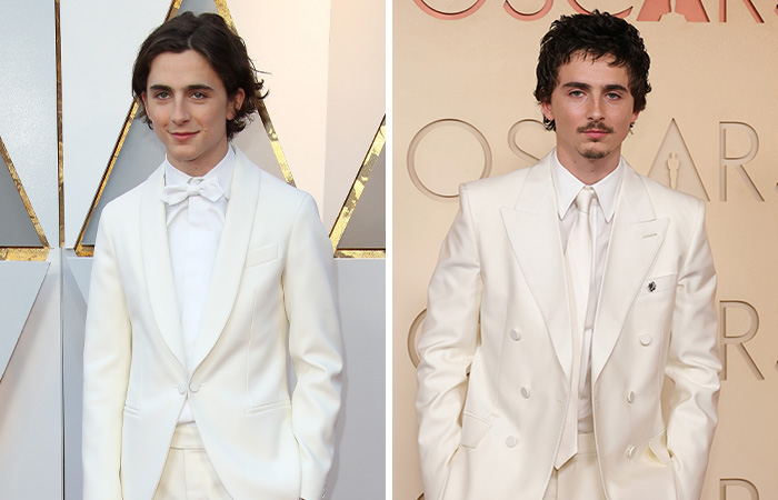 Actor Timothée Chalamet at the Oscars, comparing his first and latest Academy Awards appearances in white suits.