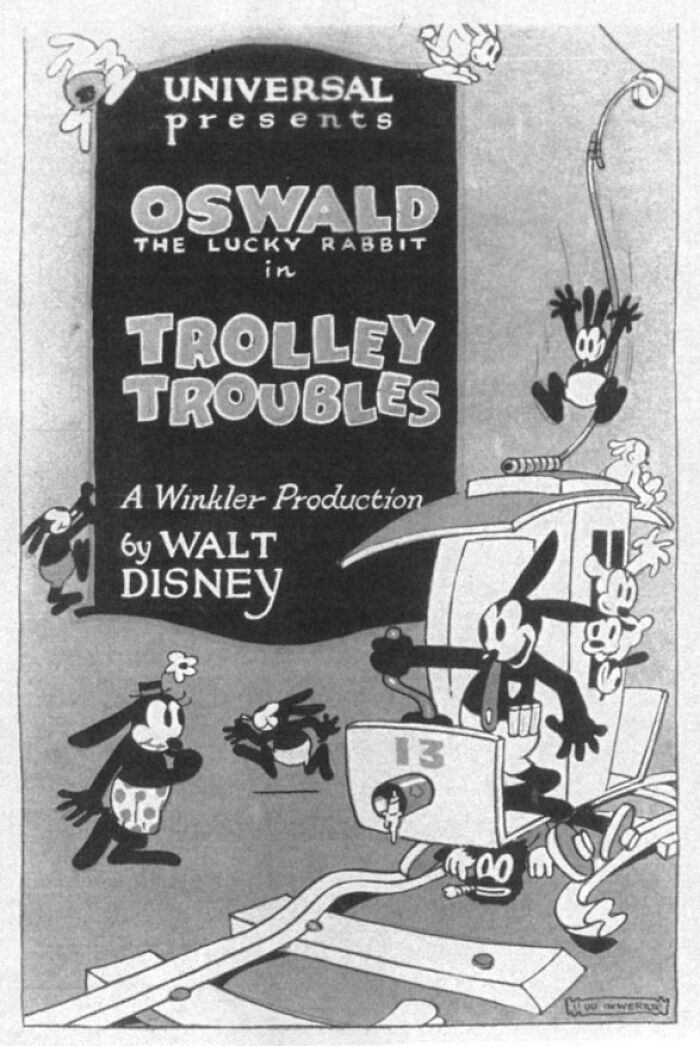 Vintage black and white cartoon poster featuring Oswald the Lucky Rabbit, a classic character down a rabbit hole.