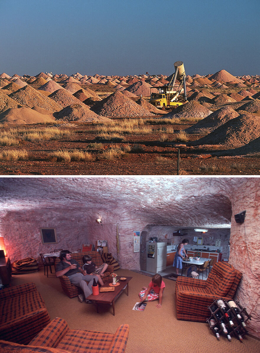 Aerial view of mining mounds and interior of an underground city home with a family living in a carved rock space.