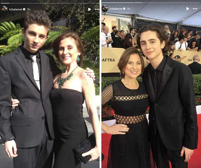 Timoth&eacute;e Chalamet in a black suit with a woman, attending the Actor Awards, sparking dating theories.