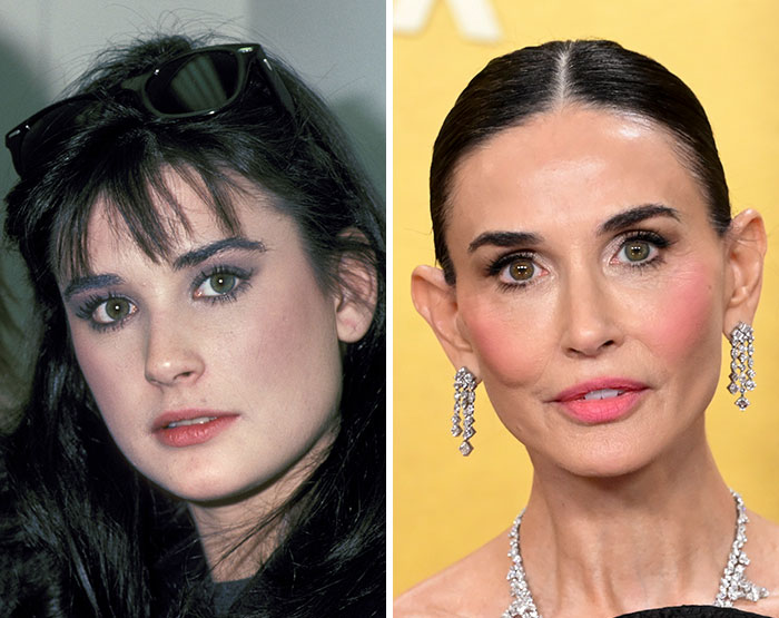 Side-by-side images of Demi Moore showing her red carpet transformation highlighting the latest beauty standard debate.