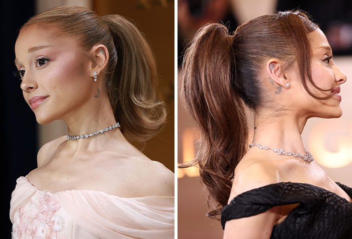 Ariana Grande posing at events, sparking plastic surgery rumors after showing off her latest look in elegant outfits.