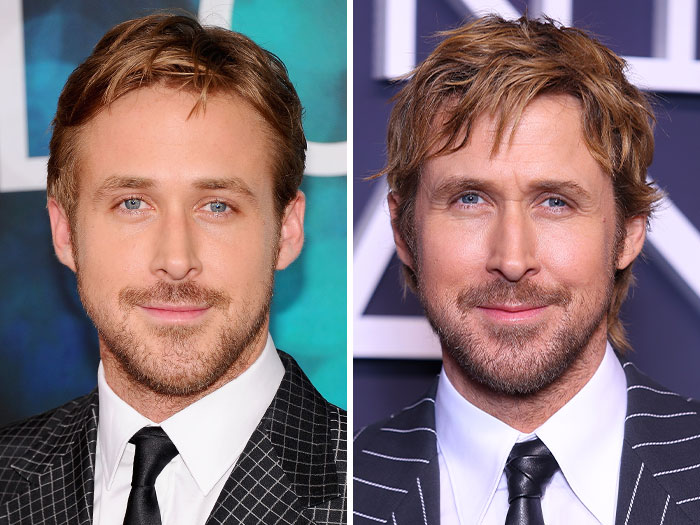 Ryan Gosling at a premiere event, wearing a black striped suit, sparking fans&rsquo; speculation over his appearance.