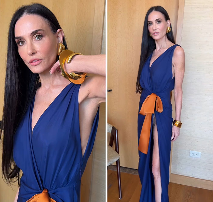 Demi Moore at SXSW wearing a blue dress with gold accessories, sparking concern over her visible weight loss.