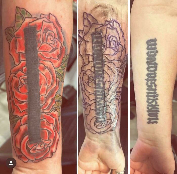 Three images showing poorly executed tattoos of roses and blacked-out bars on forearms, illustrating truly awful tattoos.
