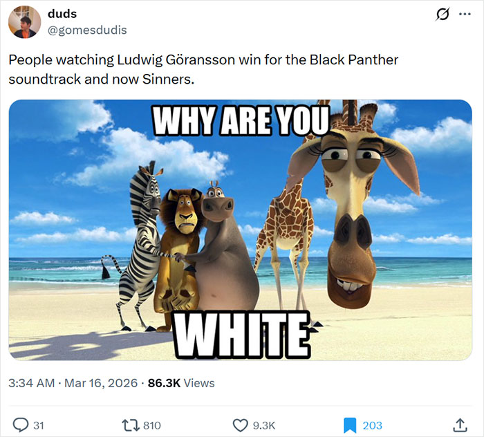 Animated characters from Madagascar on a beach in a meme capturing Oscars memes and viewers' reactions to soundtrack wins.