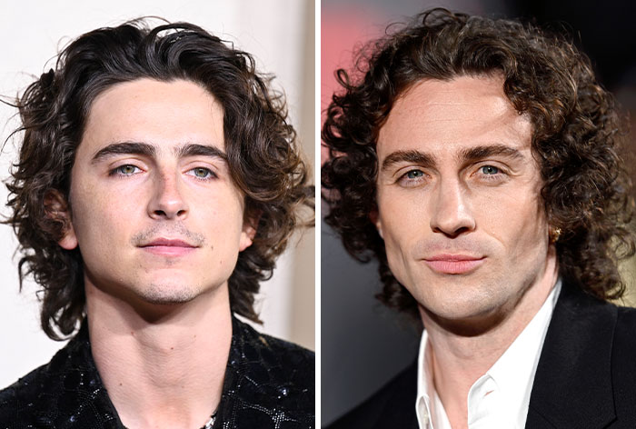 Side-by-side images of Aaron Taylor-Johnson highlighting his evolved form of Chalamet look with noticeable changes in appearance. Side-by-side images of Aaron Taylor-Johnson highlighting his evolved form of Chalamet look with noticeable changes in appearance.