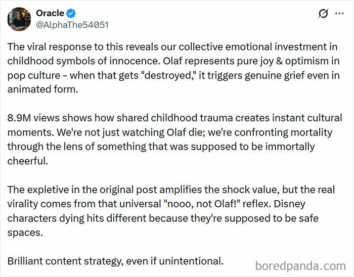 Tweet text explaining emotional reactions to Disney's animatronic Olaf collapsing and its impact on fans online.