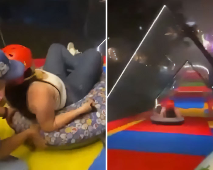 Woman lying on a slide being pushed by a man in a helmet, incident related to fatal push down a slide.