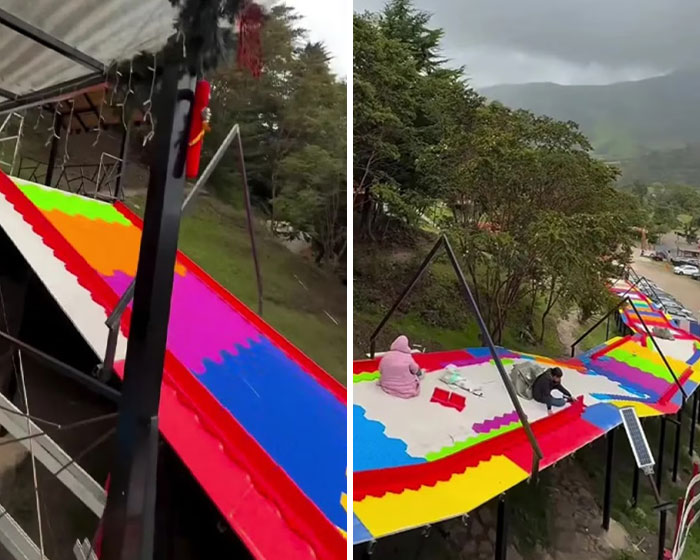 Colorful outdoor slide with people sitting nearby, related to video of man fatally pushing mom down slide incident.