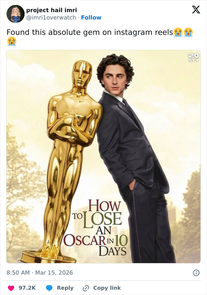 Timothée Chalamet leaning against a large golden Oscar statue in a humorous Oscars meme.