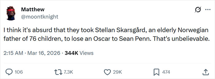 Tweet screenshot showing a humorous reaction to unexpected Oscar results with viewers sharing memes about the awards.