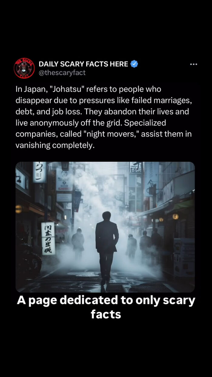A silhouette walking through a foggy Japanese street at night illustrating scary fact about disappearing people.