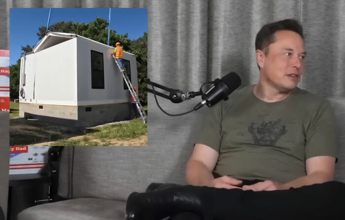 Elon Musk during a podcast interview with an inset image showing the unusual inside of Elon Musk's house under construction.