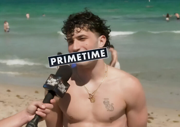 Young man being interviewed on a beach in a viral video showing spring breakers answering news questions vapidly.